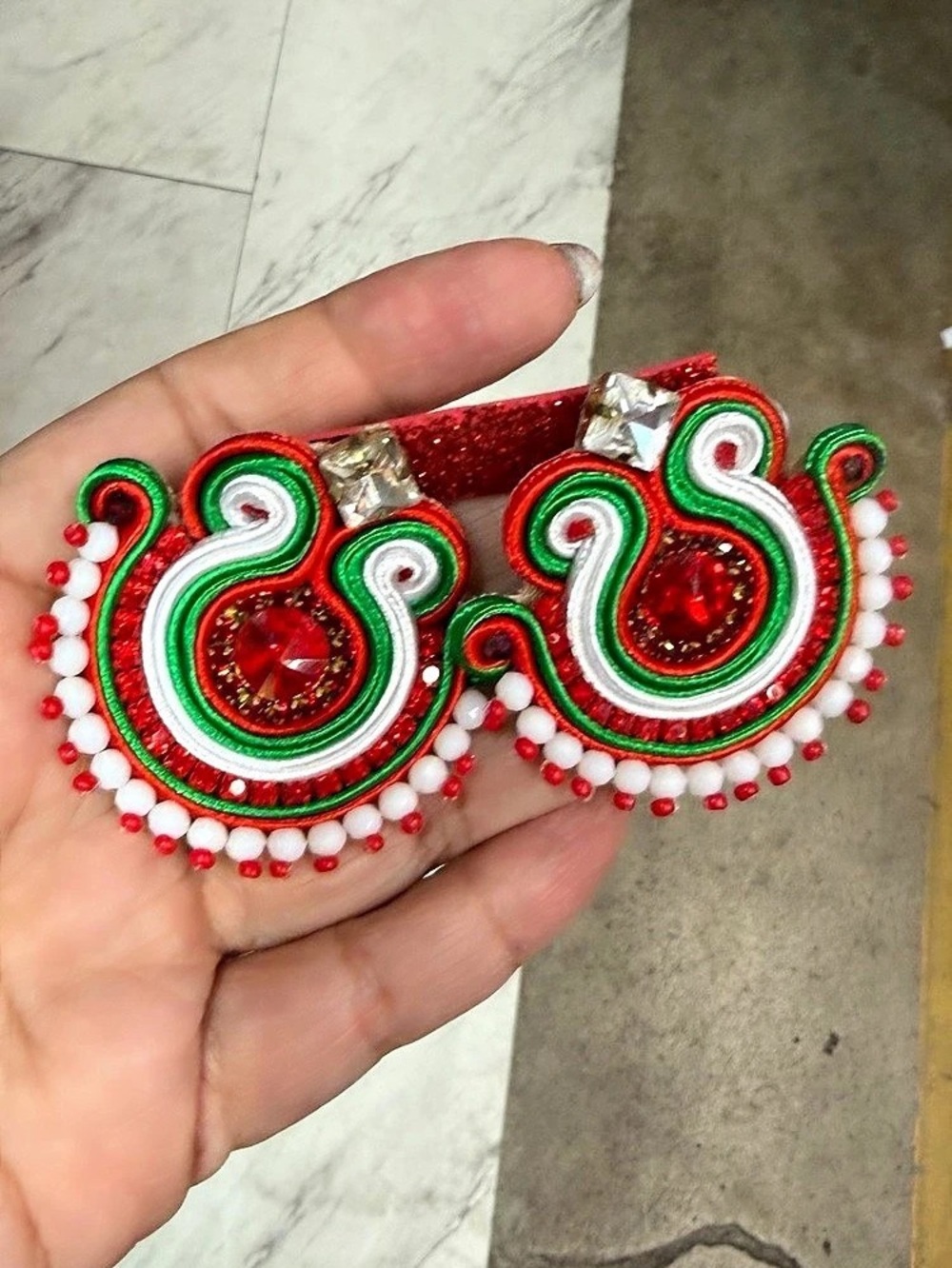 Beaded Statement Earrings in Red & Green Like New- handmade